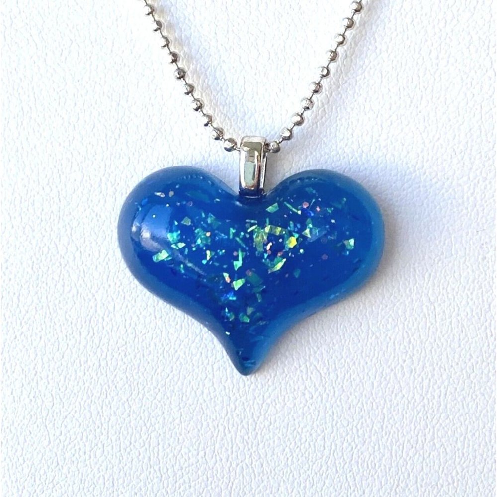 Handmade Blue Resin Holographic Glitter Heart Necklace Adjustable Length 16-18in
